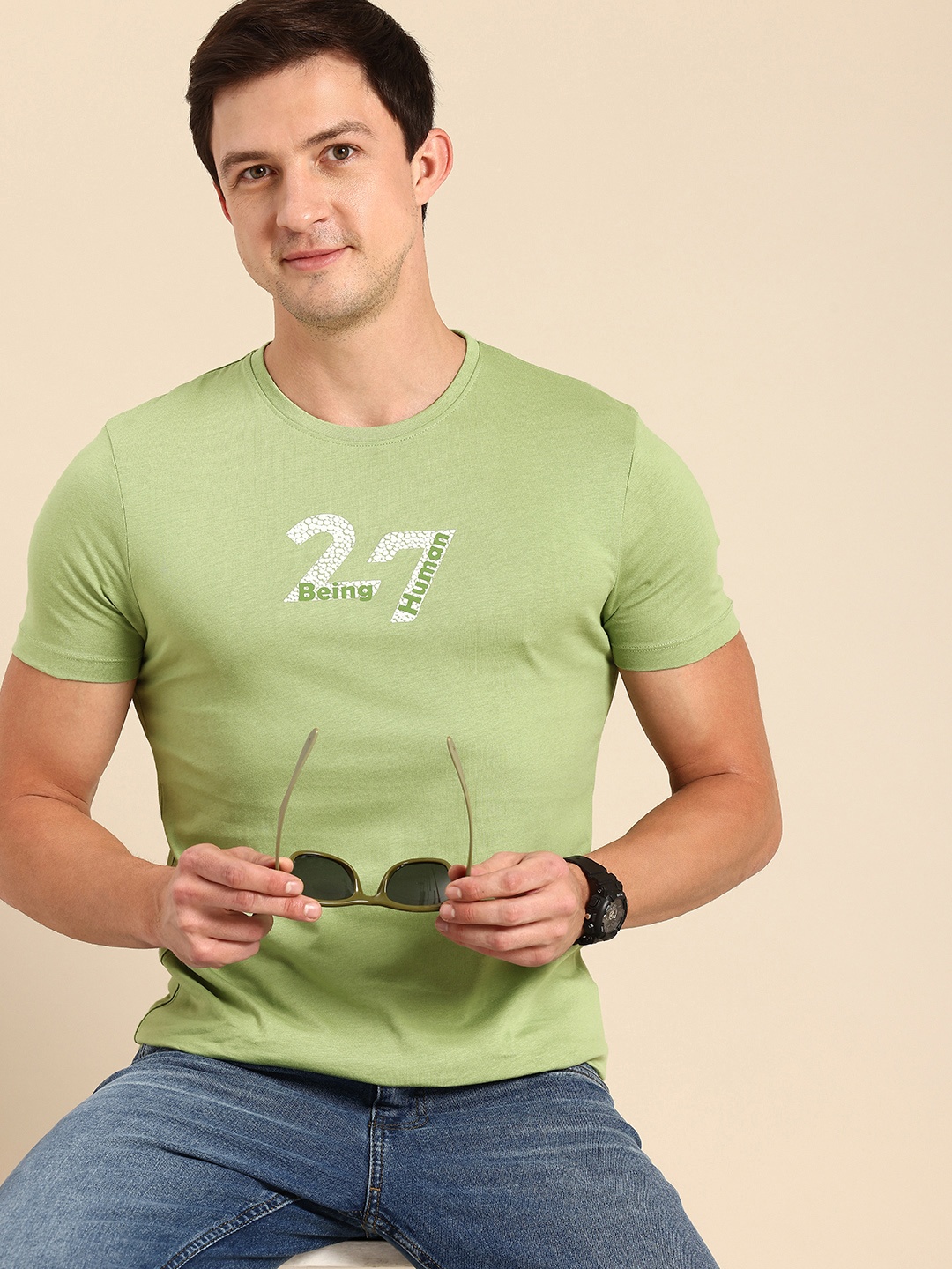 

Being Human Typography Printed Pure Cotton T-shirt, Green