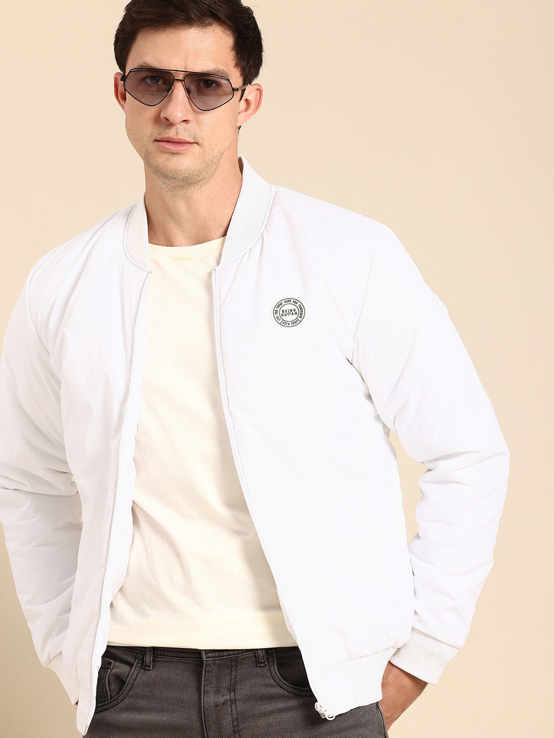 

Being Human Mandarin Collar Long Sleeves Bomber Jacket, White
