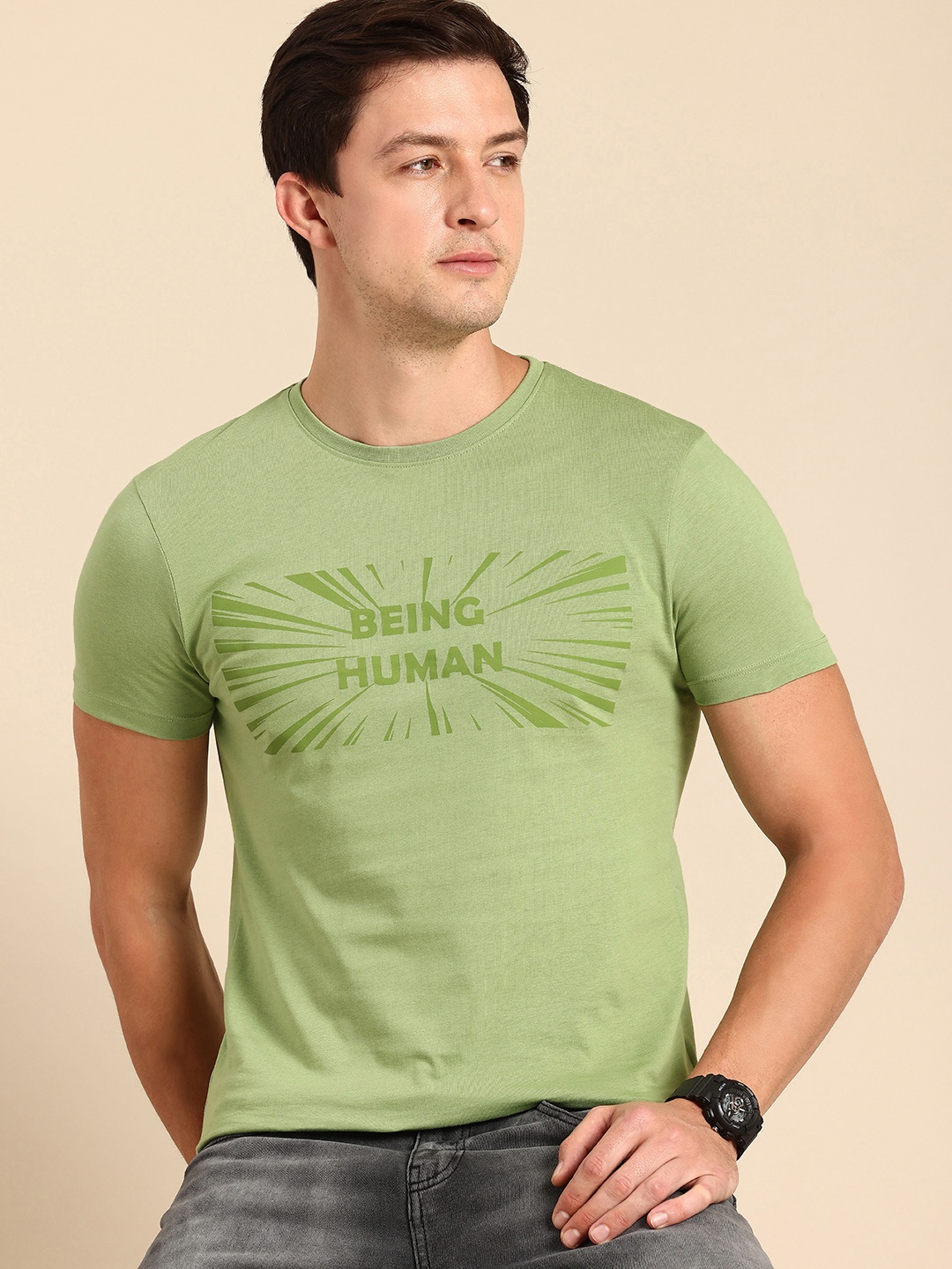 

Being Human Pure Cotton Brand Logo Printed T-shirt, Green