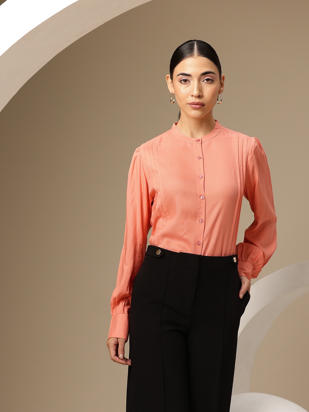 

Chemistry Classic Casual Shirt with Pleated Detail, Peach