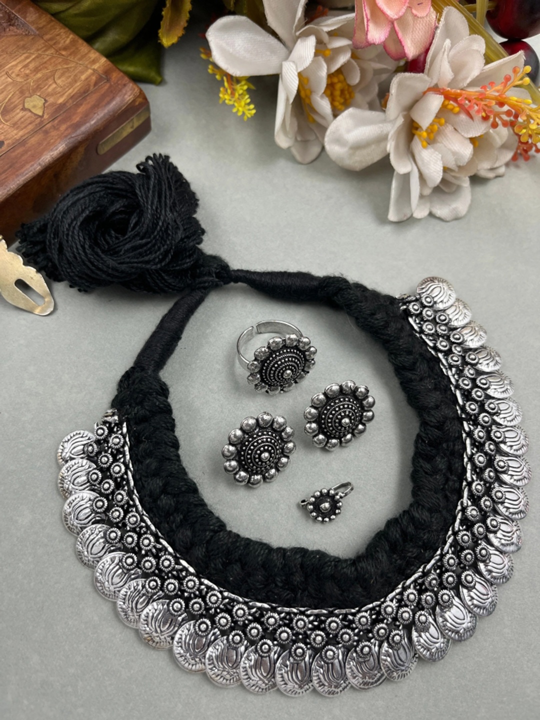

NAMAN ARTS Silver Plated Oxidised Coin Jewellery Set