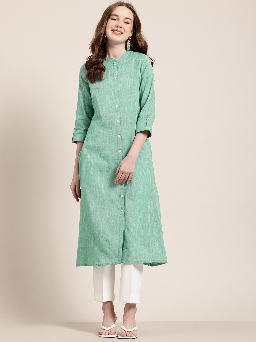 

HERE&NOW Solid Pure Cotton A Line Kurta with Pocket, Sea green