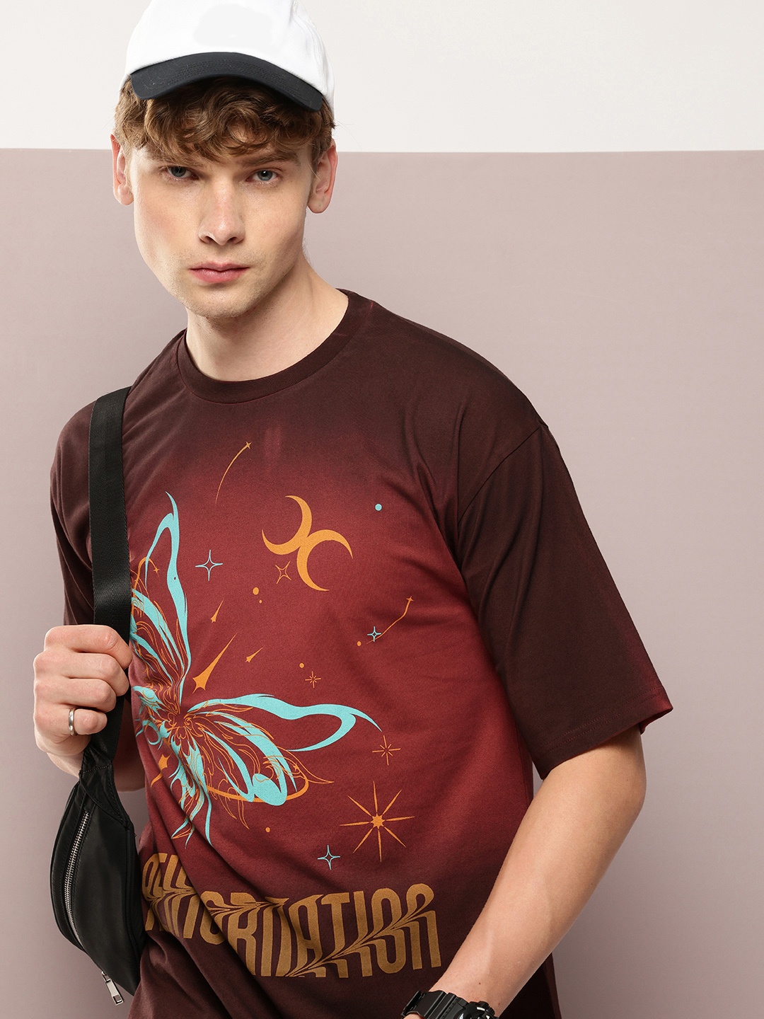 

Kook N Keech Graphic Printed Dyed Effect Oversized T-shirt, Brown