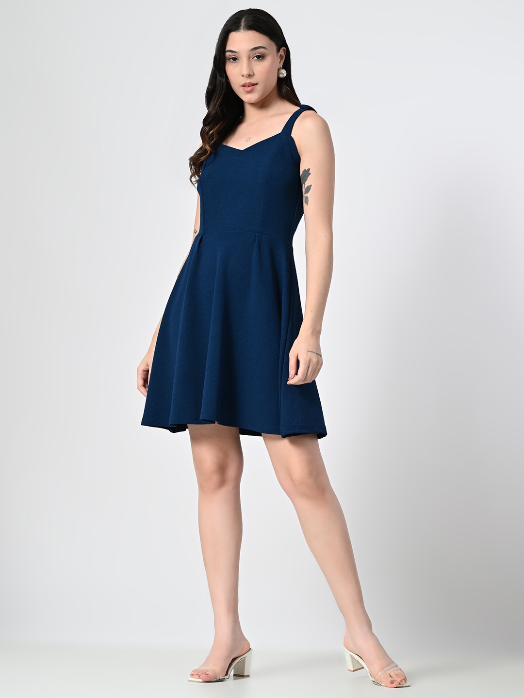 

OWL MINK Shoulder Straps Fit & Flare Dress, Navy blue