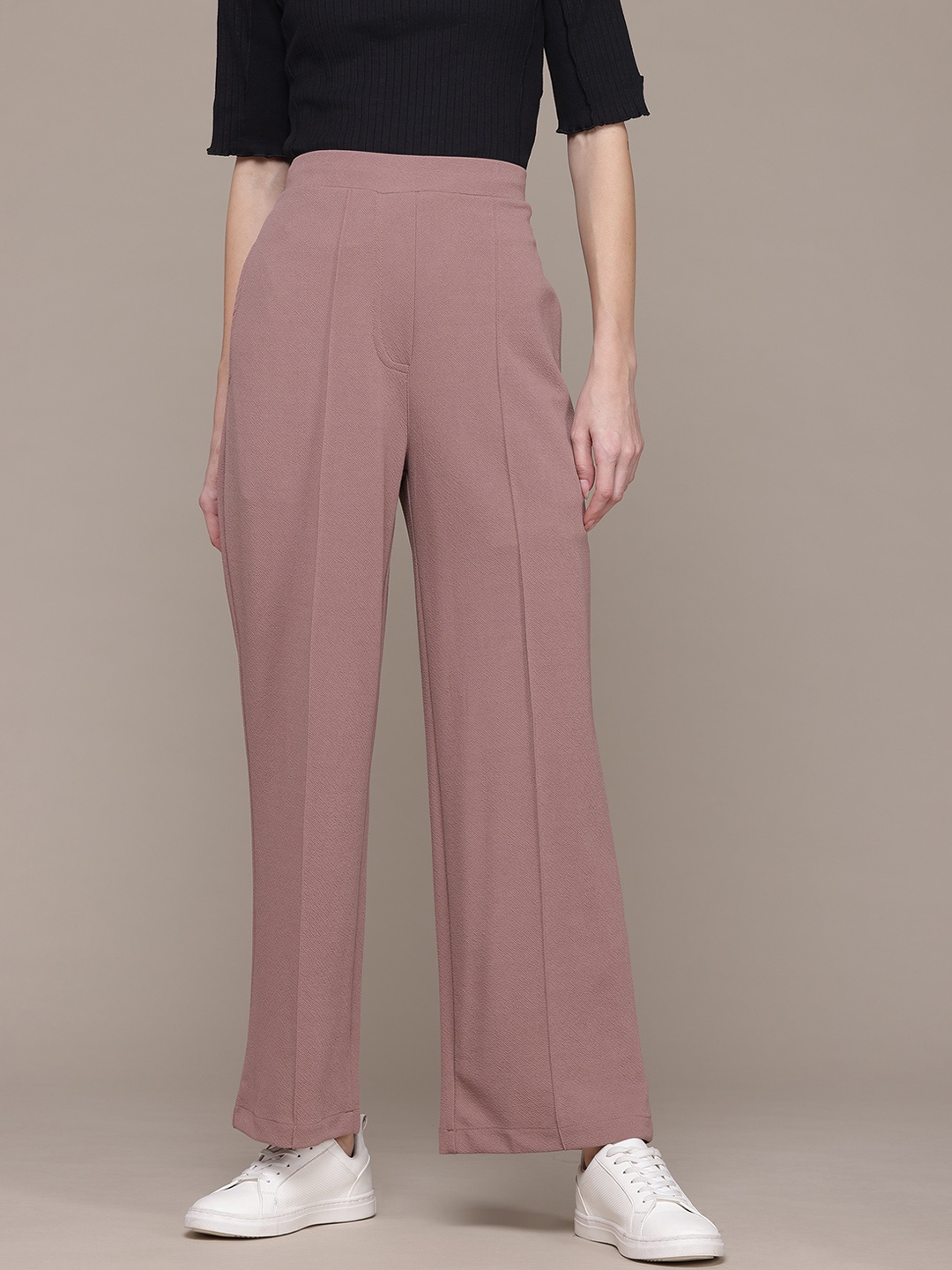 

Roadster Women Textured Smart High-Rise Wrinkle Free Trousers, Mauve