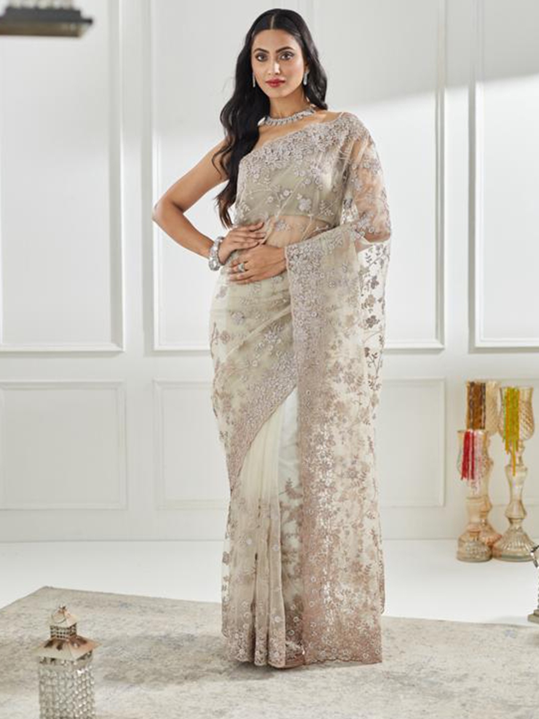 

kasee Floral Embellished Beads and Stones Net Saree, Beige