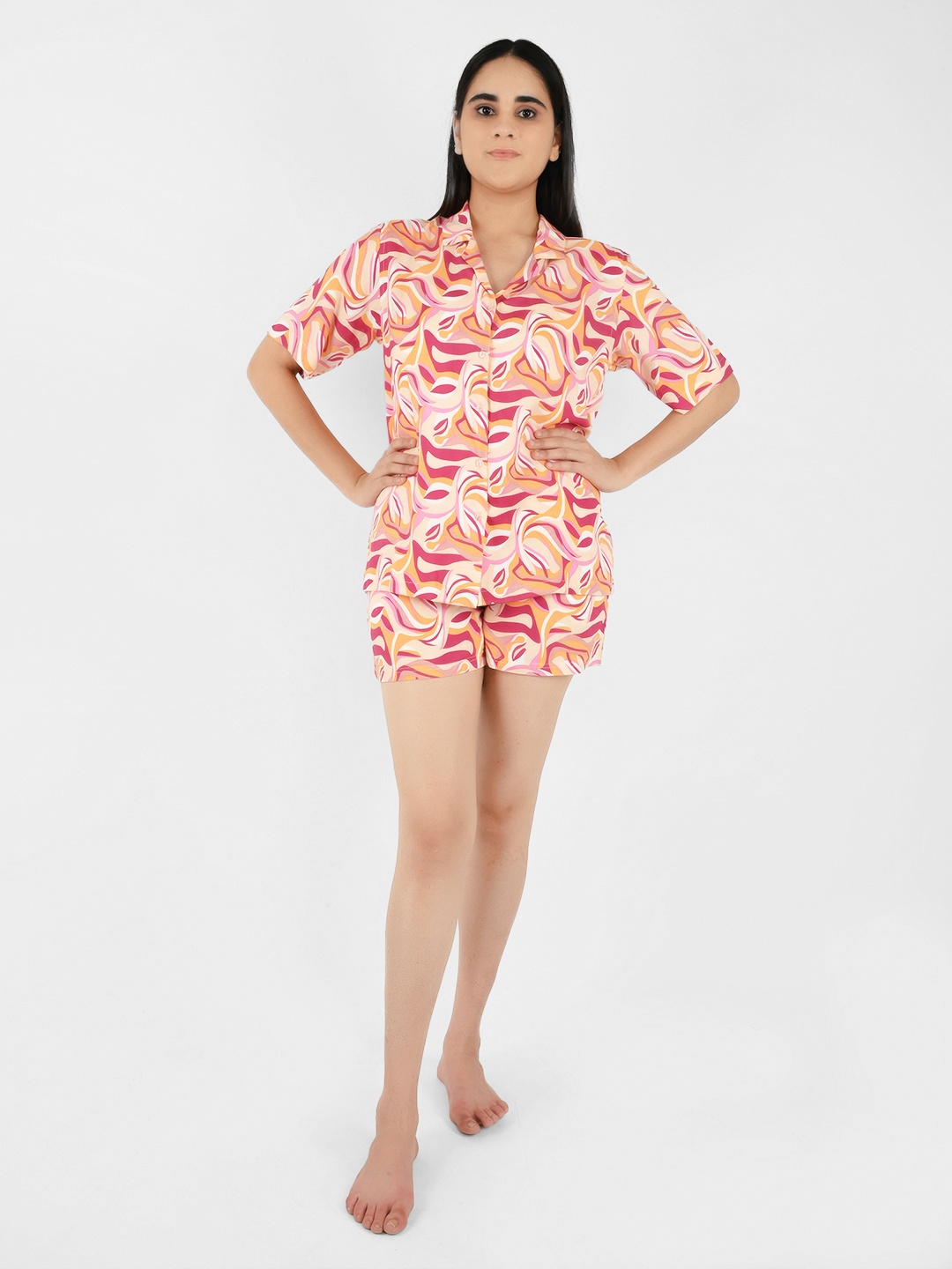

Blissence Women Printed Shirt & Shorts Co-Ords Slip On Night suit, Peach