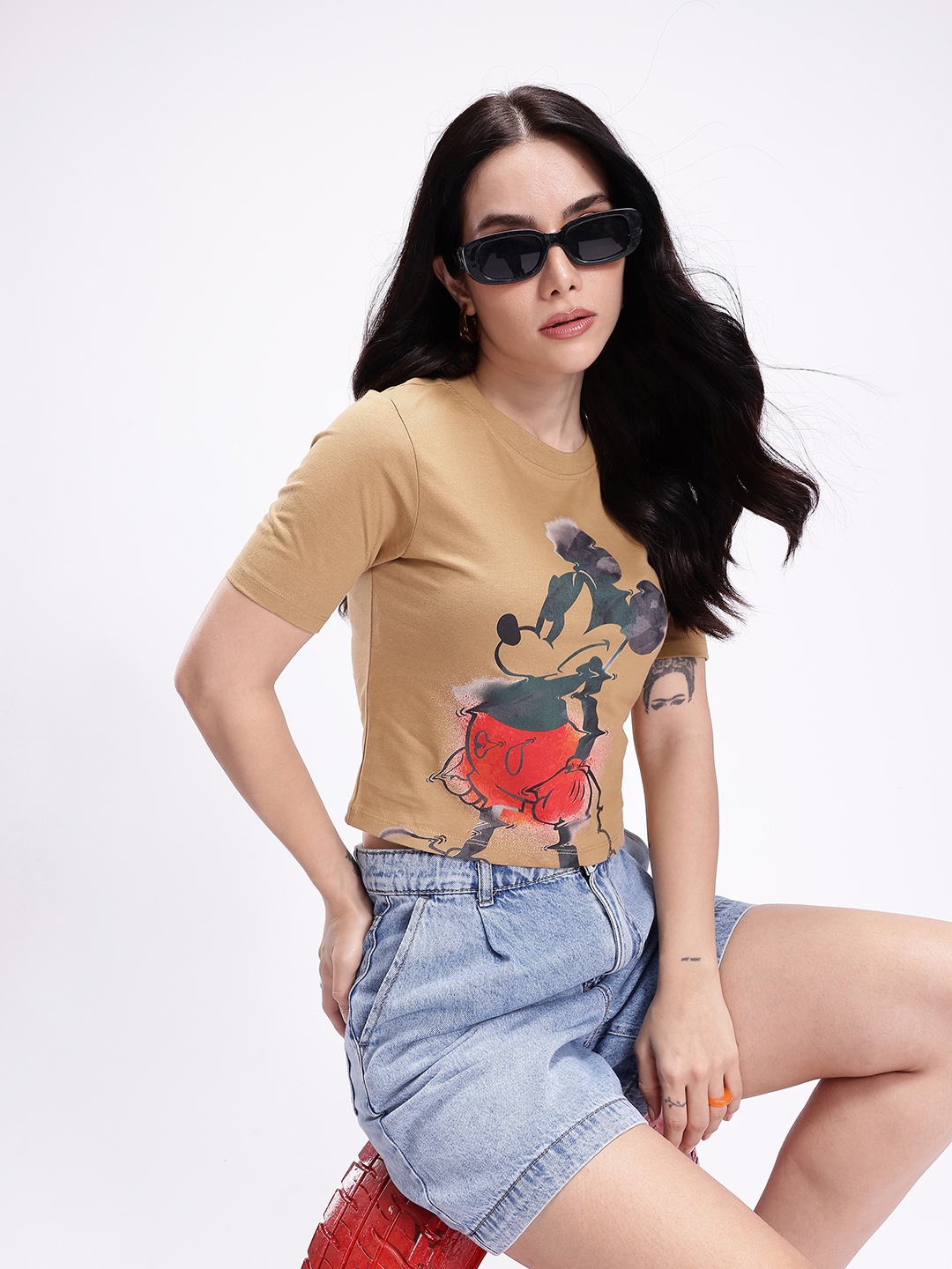 

Kook N Keech Disney Mickey Mouse Printed Slim Fit Crop Cotton T-shirt, Brown