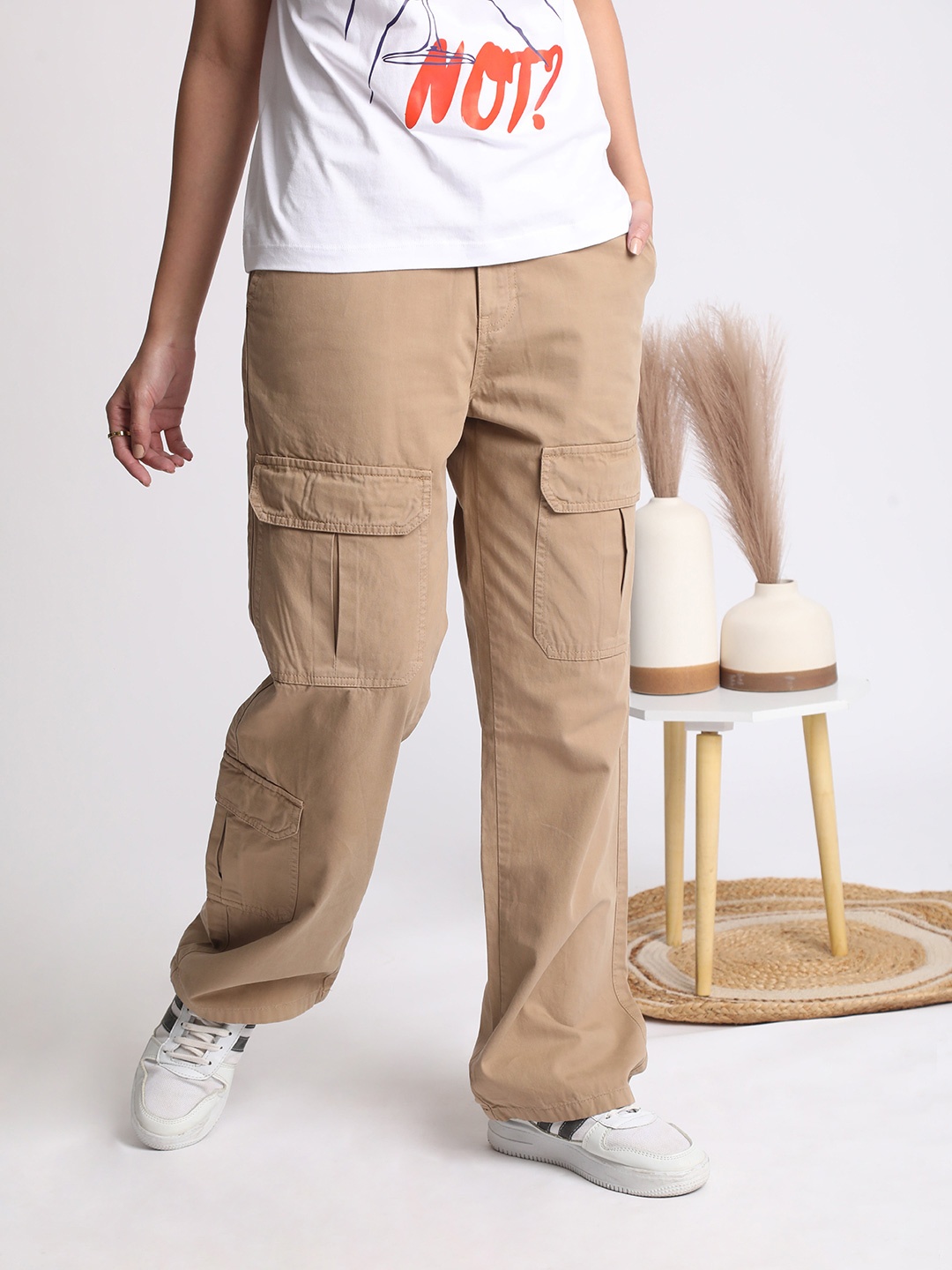 

IVOC Women Straight Fit High-Rise Cotton Cargos Trousers, Beige