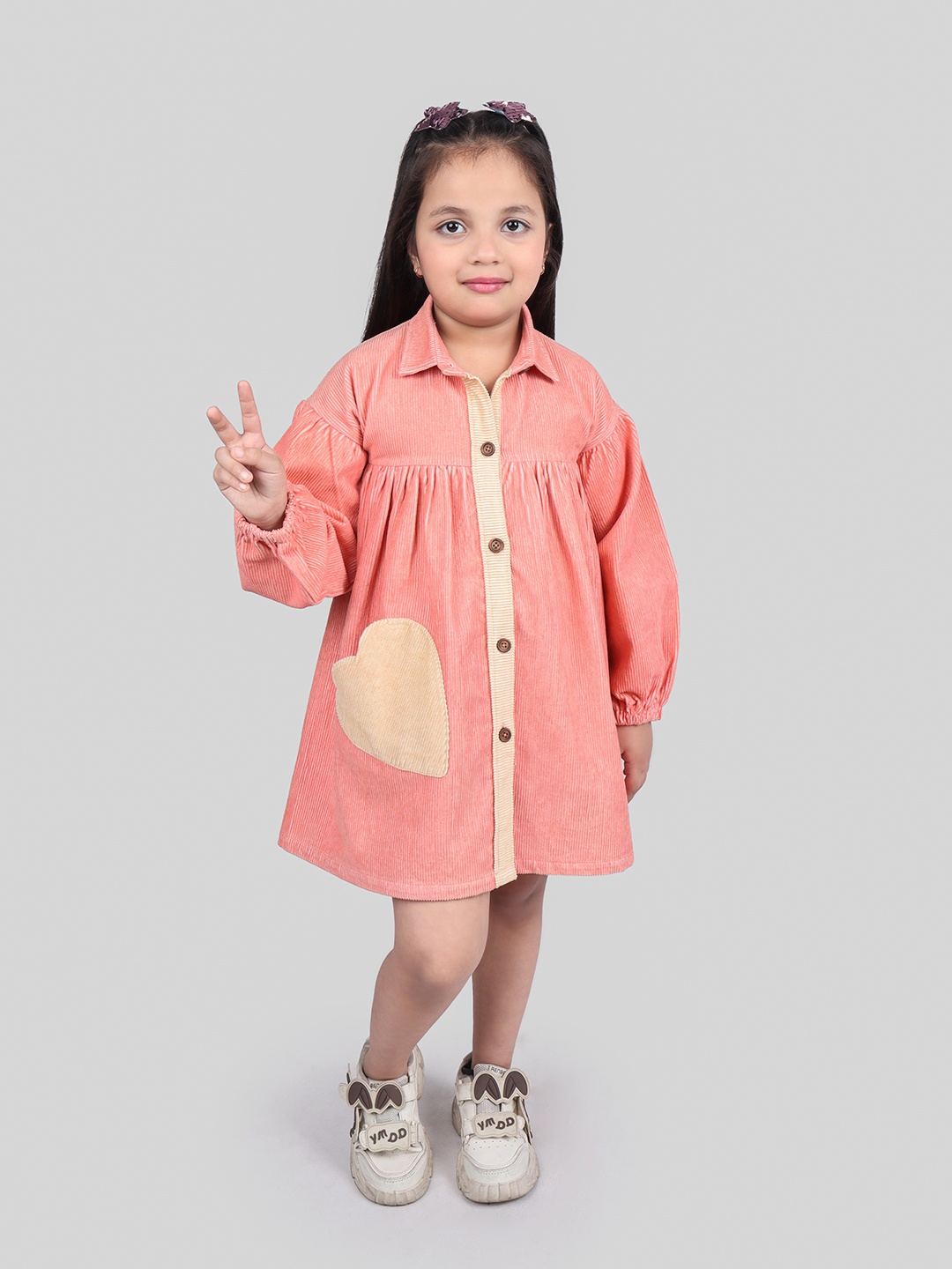 

EARTHY TWEENS Girls Cotton Puff Sleeves Shirt Dress, Pink