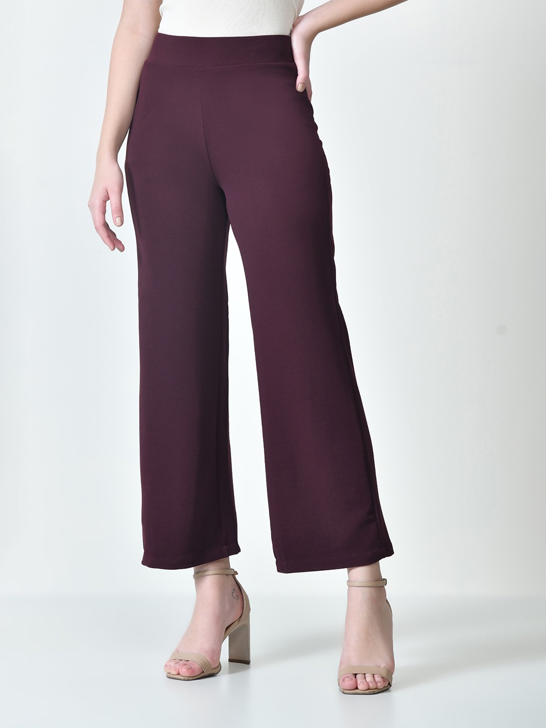 

OWL MINK Women Smart Fit High-Rise Cotton Parallel Trousers, Maroon