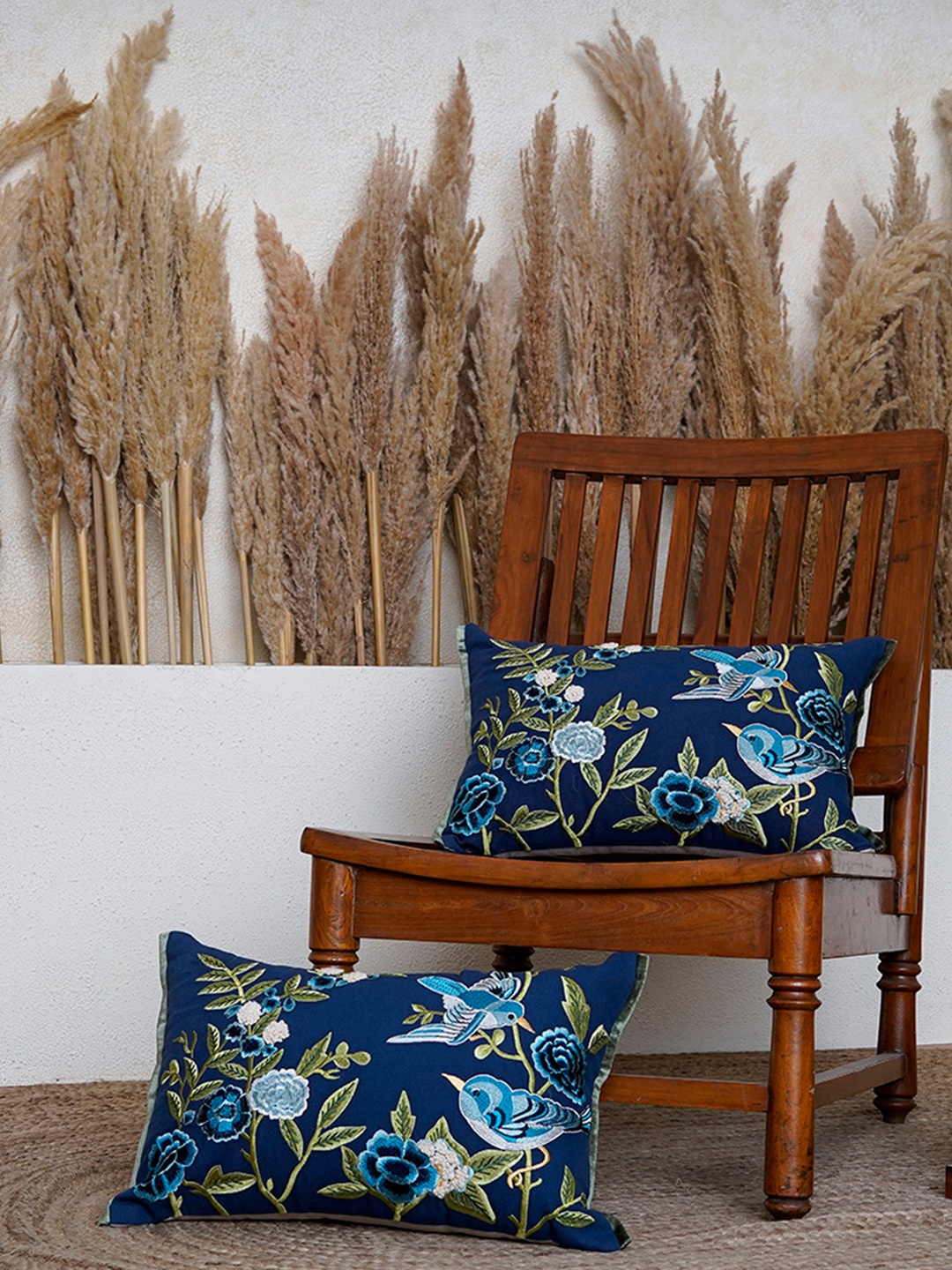 

BELIHODE Set of 2 Blue Bird Sanctuary Hand Embroidered Cushion Cover, Navy blue