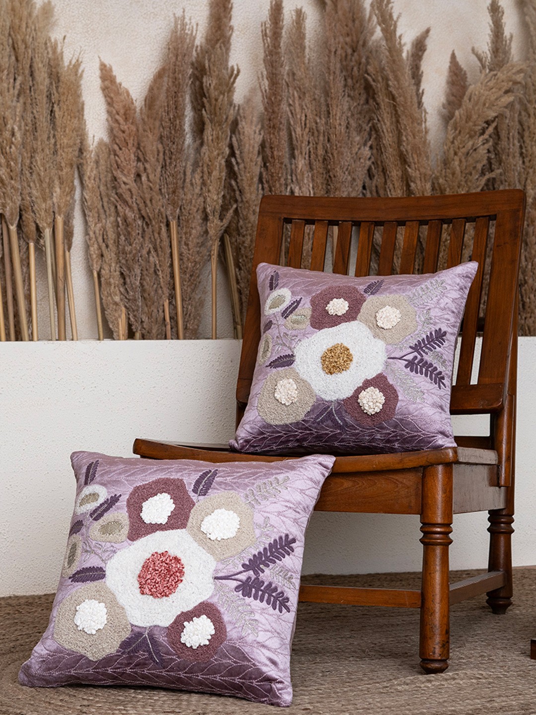 

BELIHODE Set of 2 Lilac Blooming Euphoria Hand Embroidered Cushion Cover, Purple