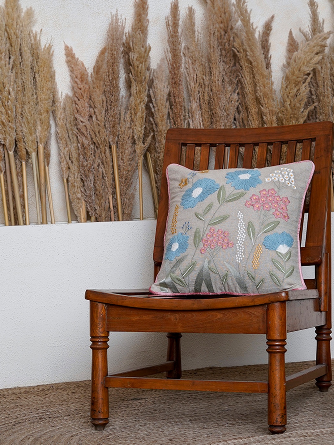 

BELIHODE Set of 2 Blush Spring Serenade Hand Embroidered Cushion Cover, Grey