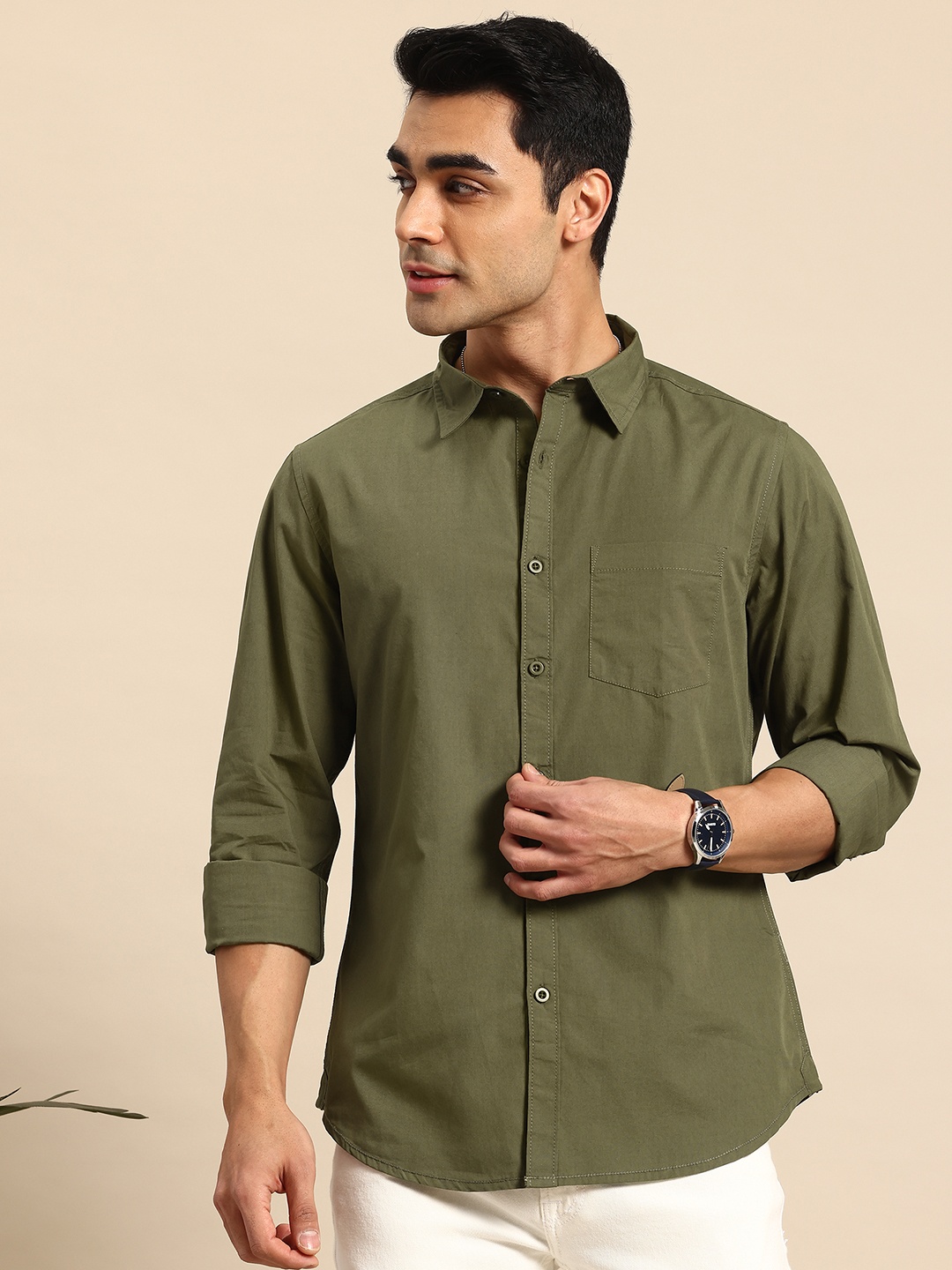 

Mast & Harbour Solid Relaxed Pure Cotton Casual Shirt, Olive