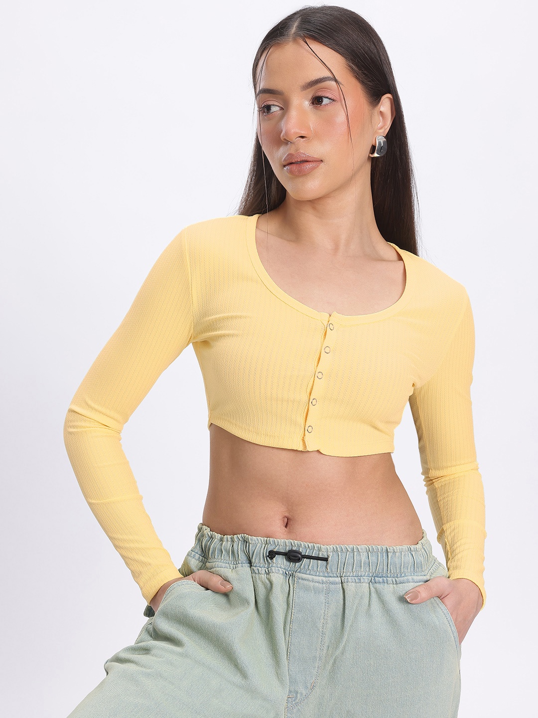 

glitchez Sleek & Slim Self-Striped Scoop Neck Front-Open Crop Top, Yellow