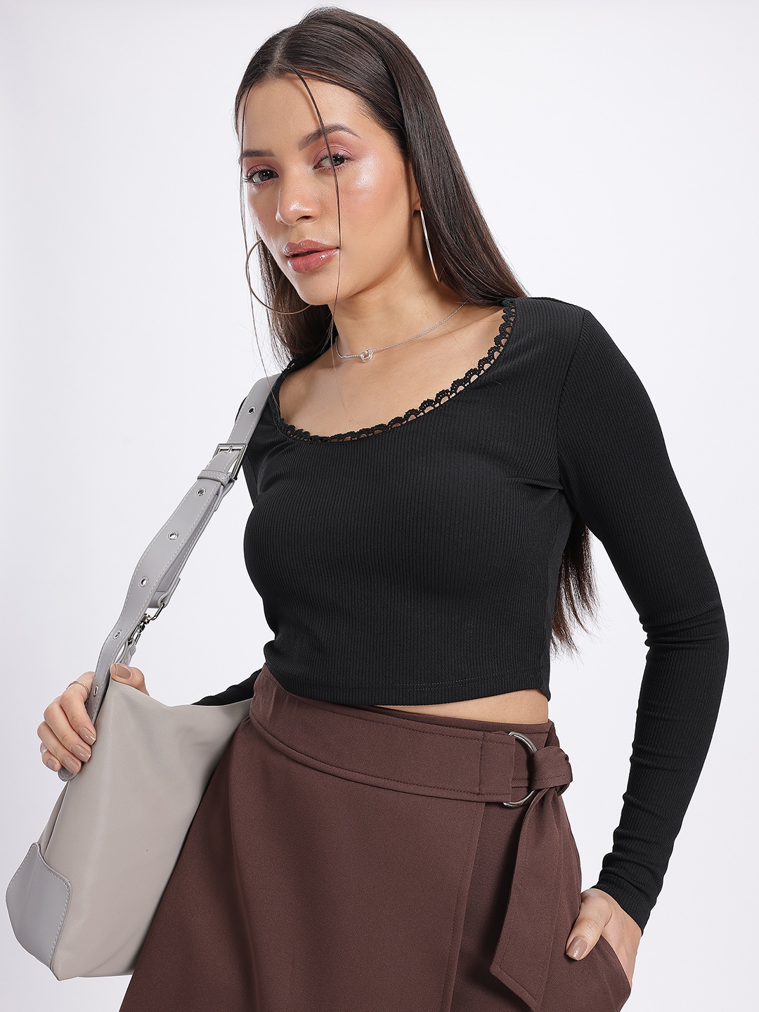 

glitchez Showstopper Ribs Lace Insert Detail Fitted Crop Top, Black