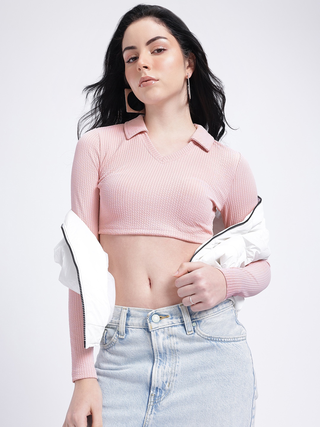 

glitchez Polo Perfection Textured Rib Fitted Crop Top, Pink