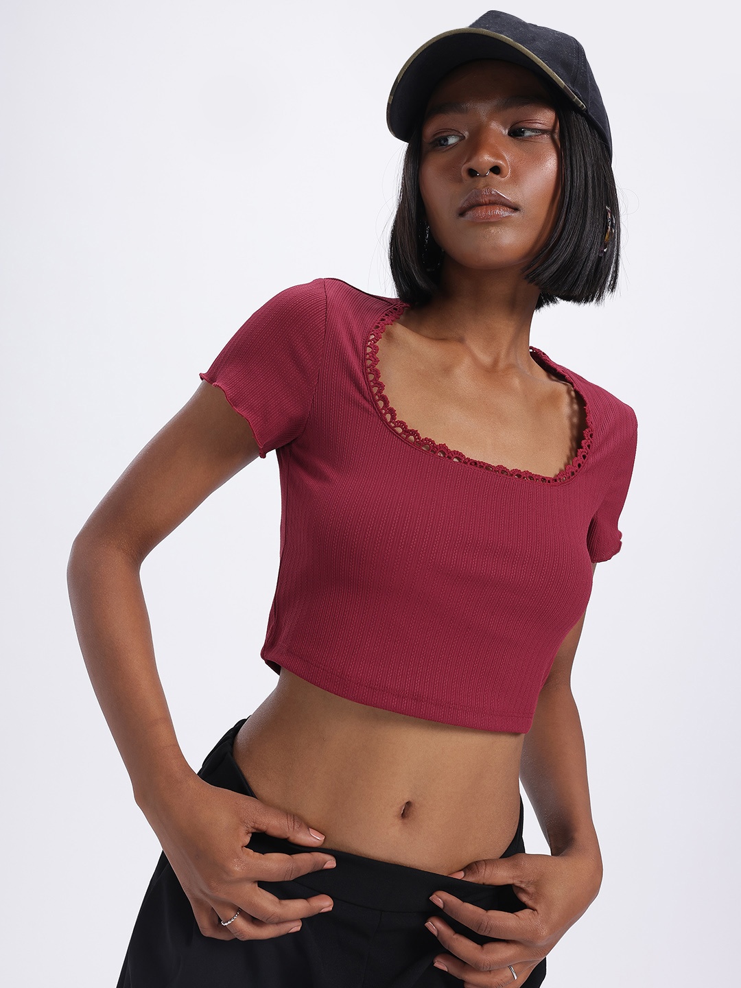

glitchez Playful Stripes Embroidered Fitted Crop Top, Maroon