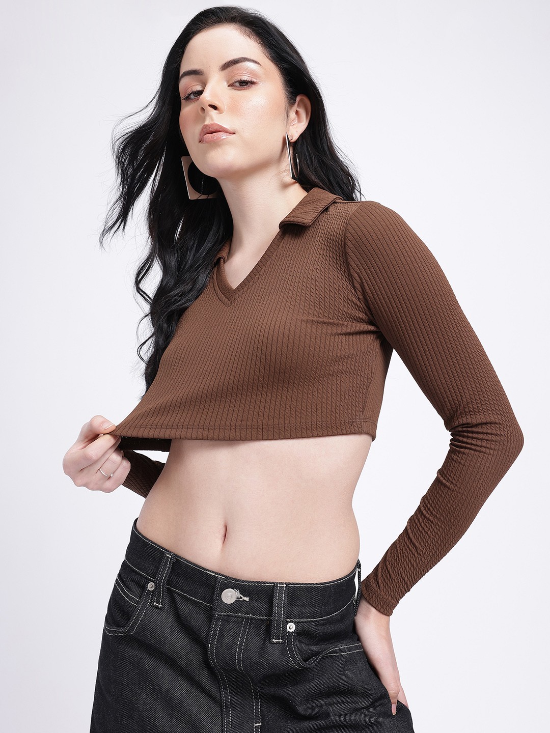 

glitchez Ribbed Drip Crop Fitted Top, Brown