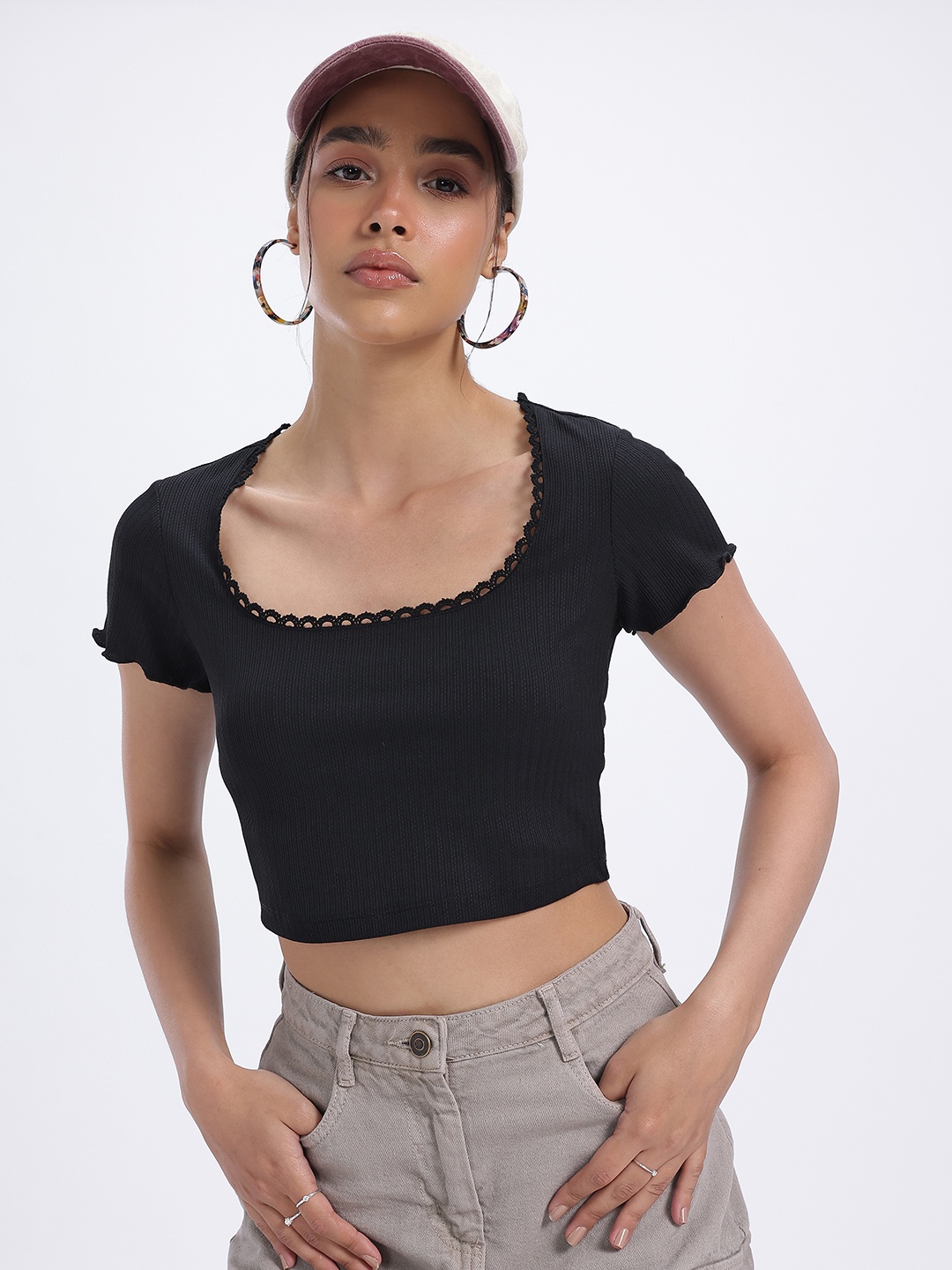 

glitchez Ribbed Edge Lace Insert Crop Top, Black