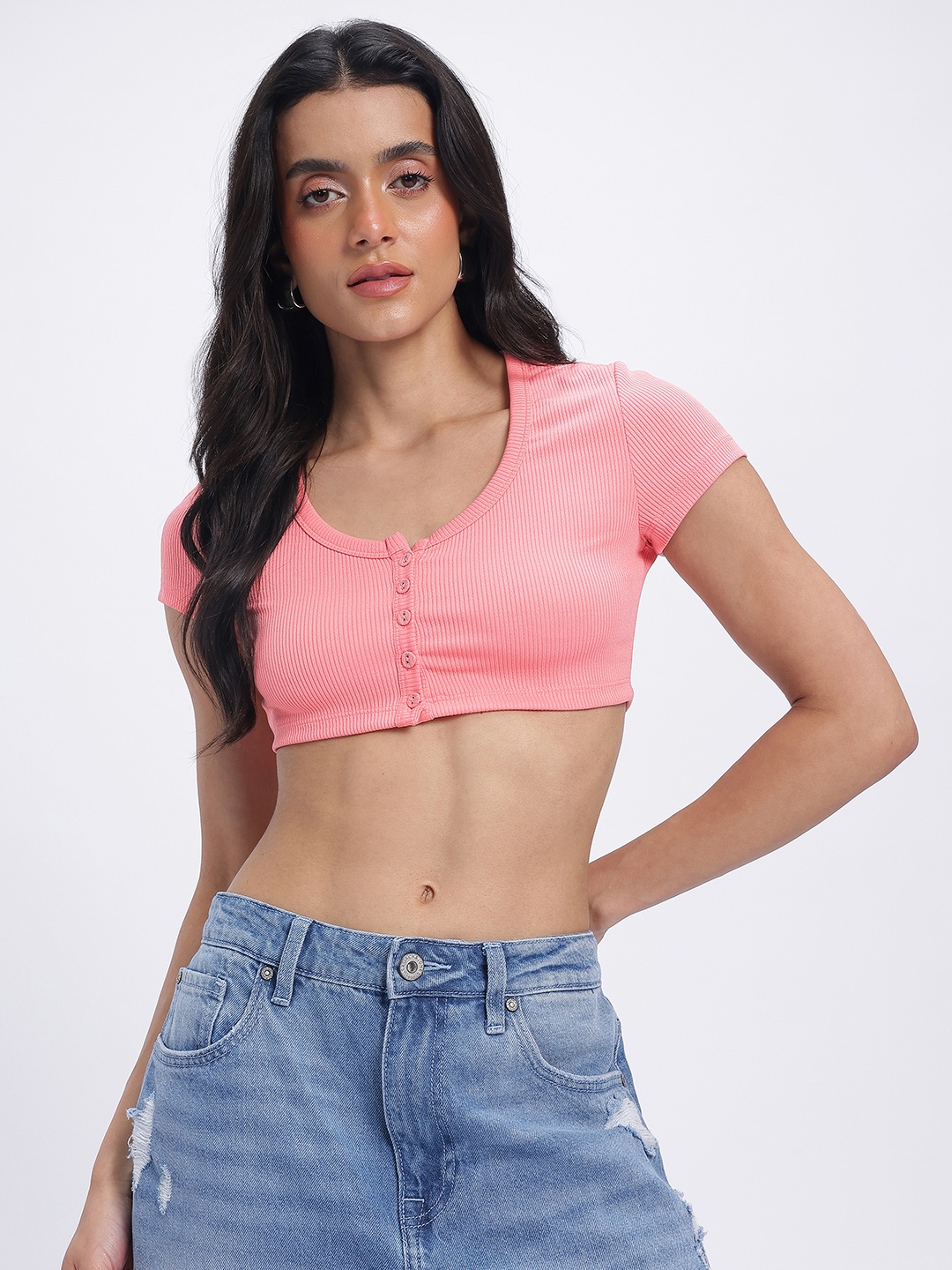 

glitchez Ribbed Contour Super Crop Fitted Top, Pink