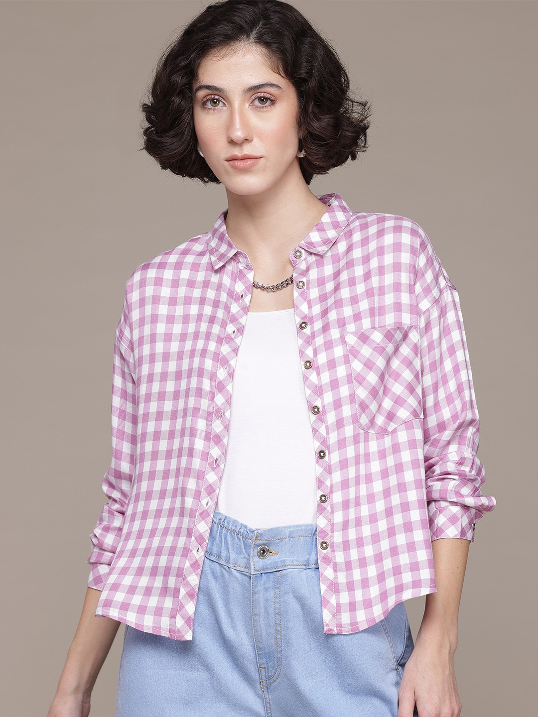 

The Roadster Lifestyle Co. Gingham Checked Drop Shoulder Sleeve Casual Shirt, Pink