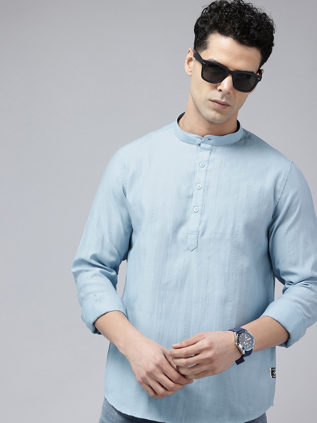 

SPYKAR Slim Fit Band Collar Pure Cotton Casual Shirt, Blue