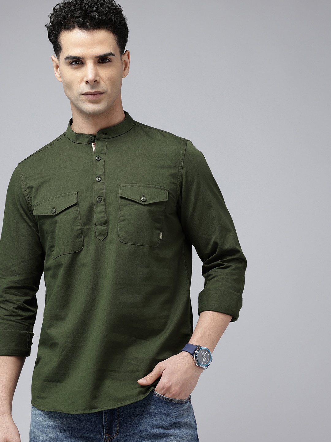 

SPYKAR Slim Fit Band Collar Pure Cotton Casual Shirt, Olive