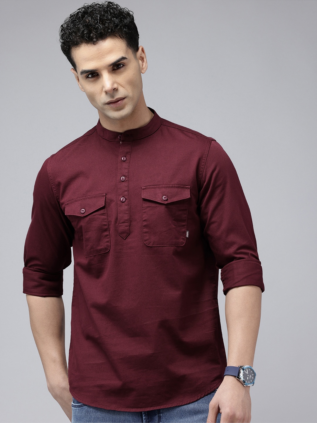 

SPYKAR Slim Fit Band Collar Pure Cotton Casual Shirt, Maroon