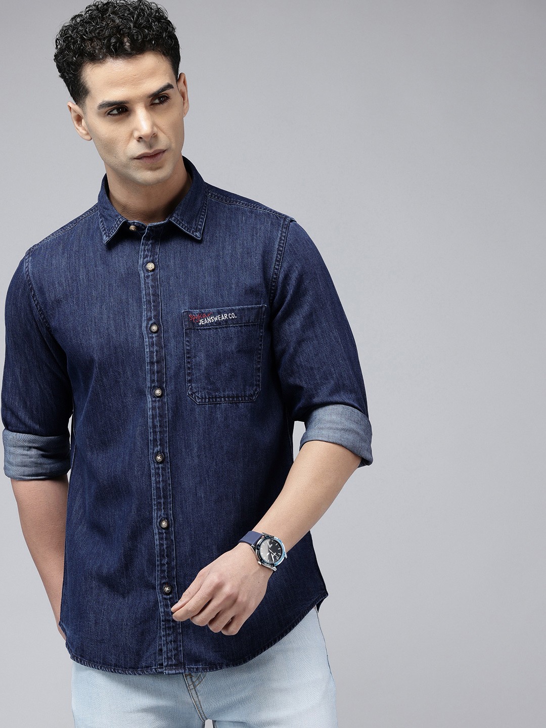 

SPYKAR Slim Fit Pure Cotton Casual Shirt, Blue