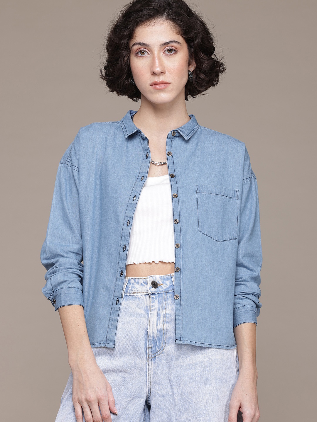 

The Roadster Lifestyle Co. Faded Twill Weave Pure Cotton Casual Shirt, Blue