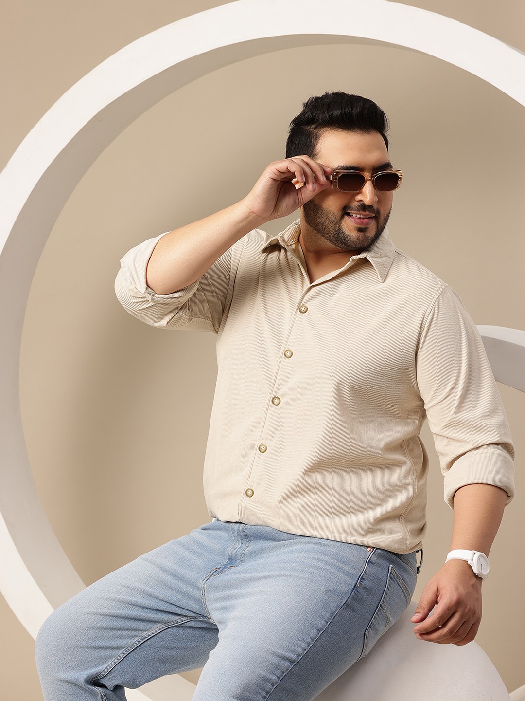 

Sztori Men Plus Size Premium Corduroy Casual Shirt, Beige