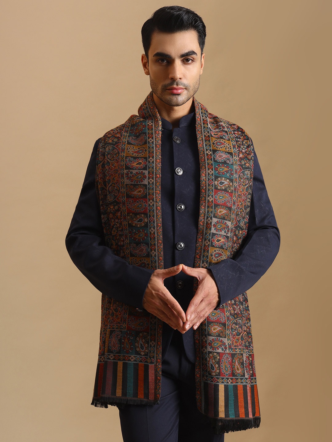 

Zamour Men Paisley Woven Design Shawl, Navy blue