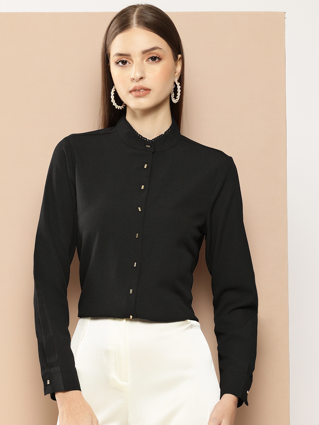 

her by invictus Textured Casual Shirt with Lace Insert Detail, Black