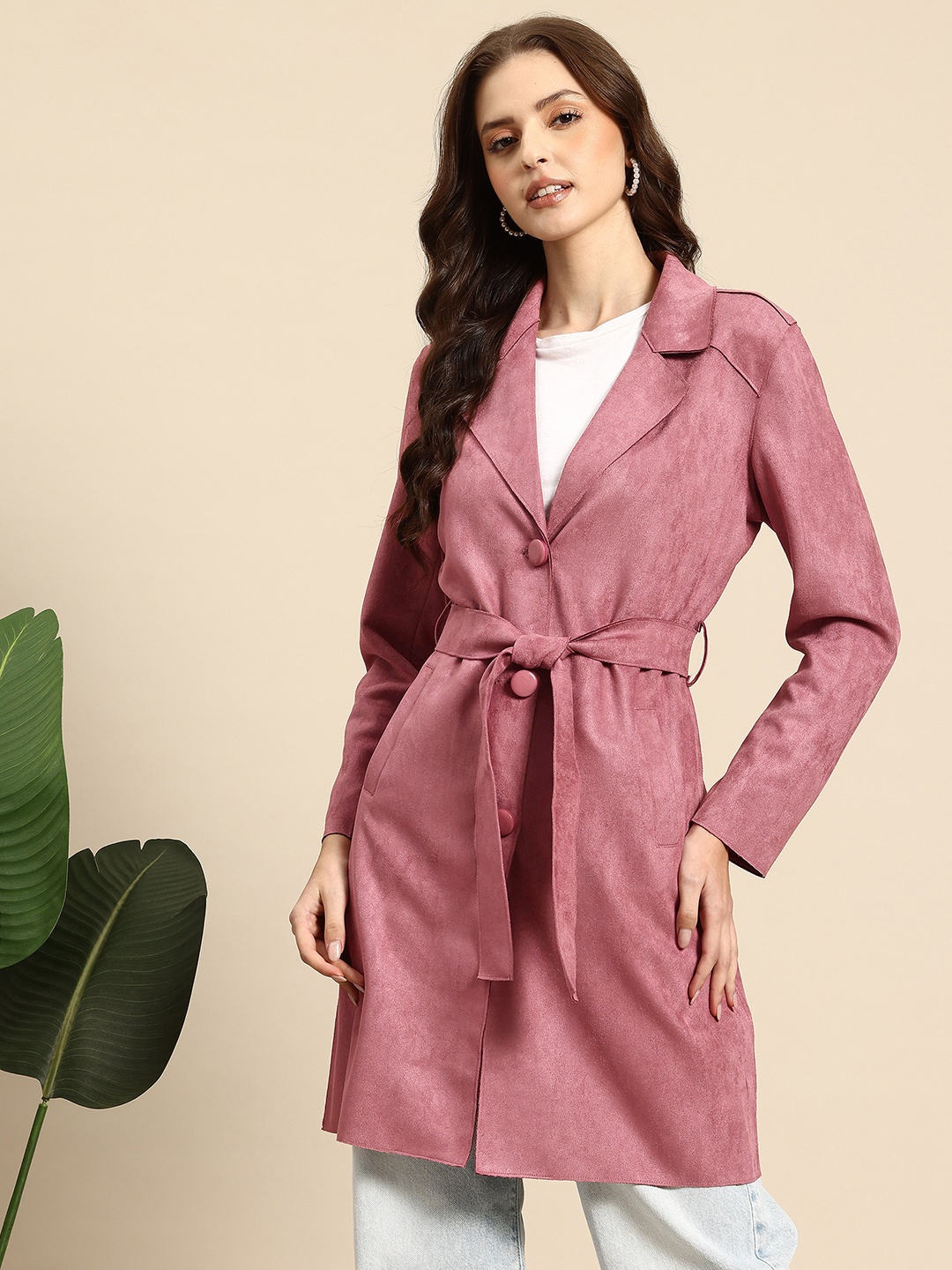 

Mast & Harbour Single Breasted Woollen Suede Trench Coat, Pink