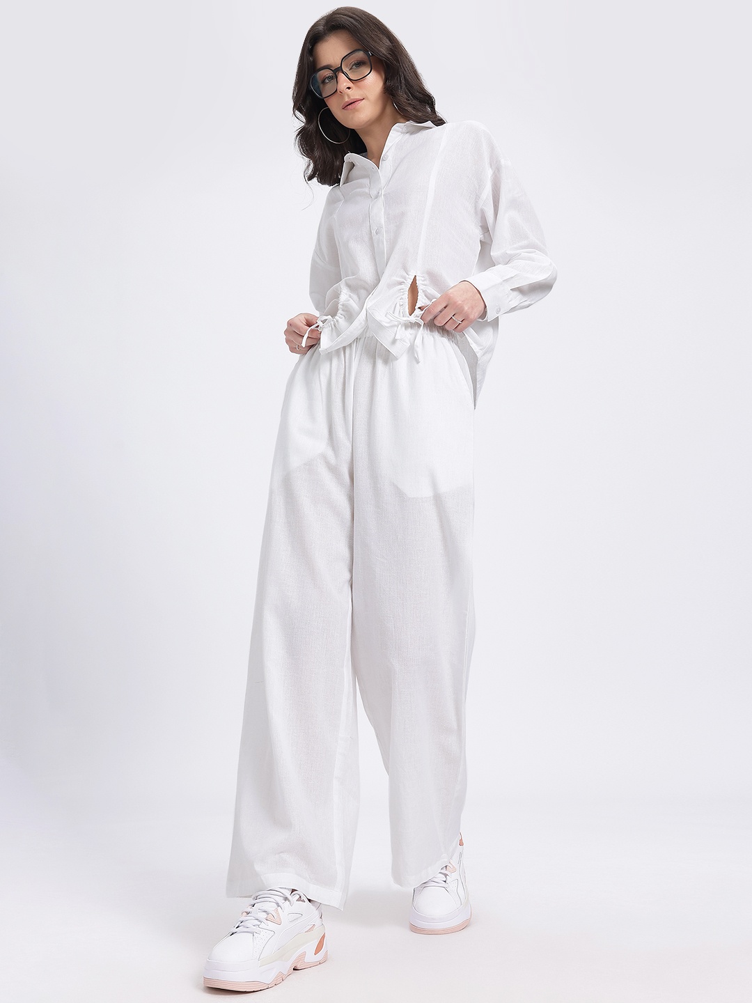 

glitchez The Neutral Hues Tie-Up Detail Pure Cotton Shirt with Wide Leg Trousers, White