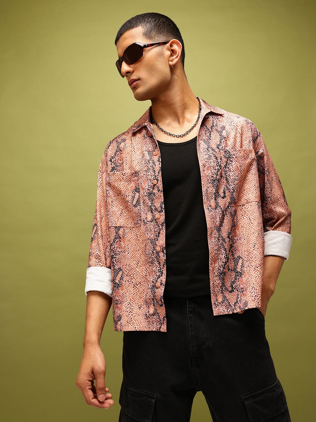 

glitchez Wild Terrain Printed Boxy Fit Shirt, Brown