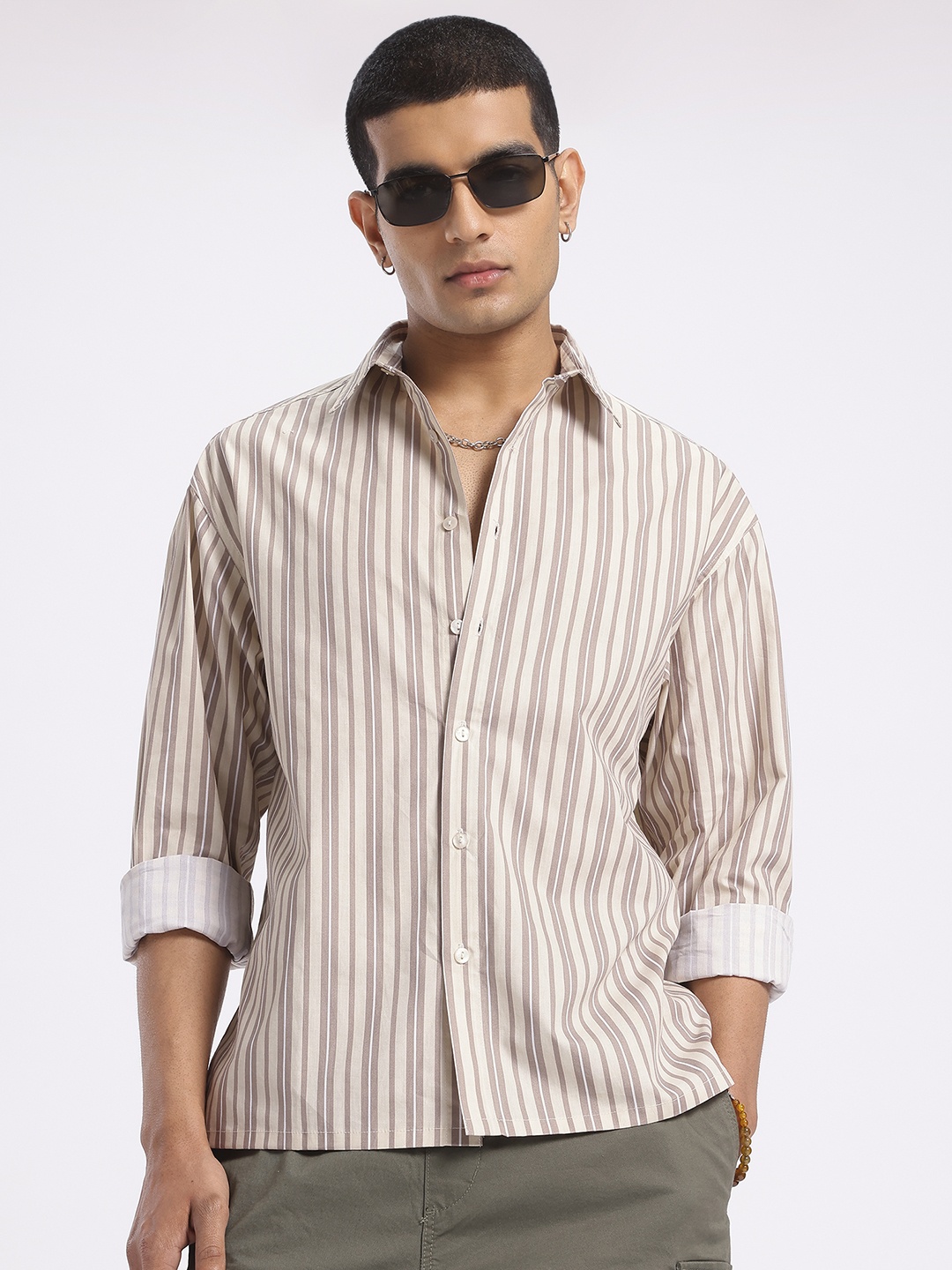 

glitchez Elevated Striped Ease Oversized Pure Cotton Shirt, Cream