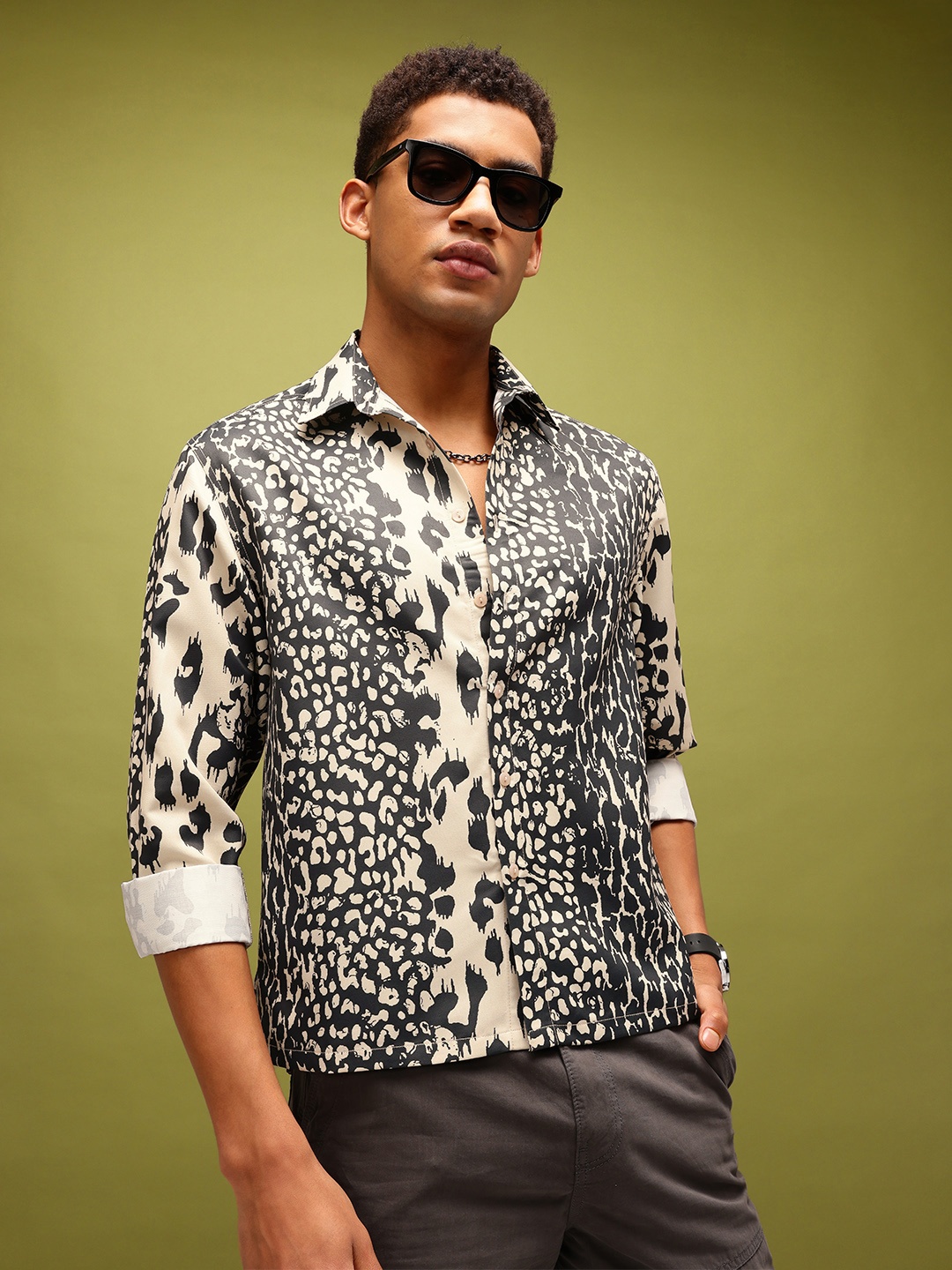 

glitchez Exotic Essence Animal Print Relaxed Fit Shirt, Beige