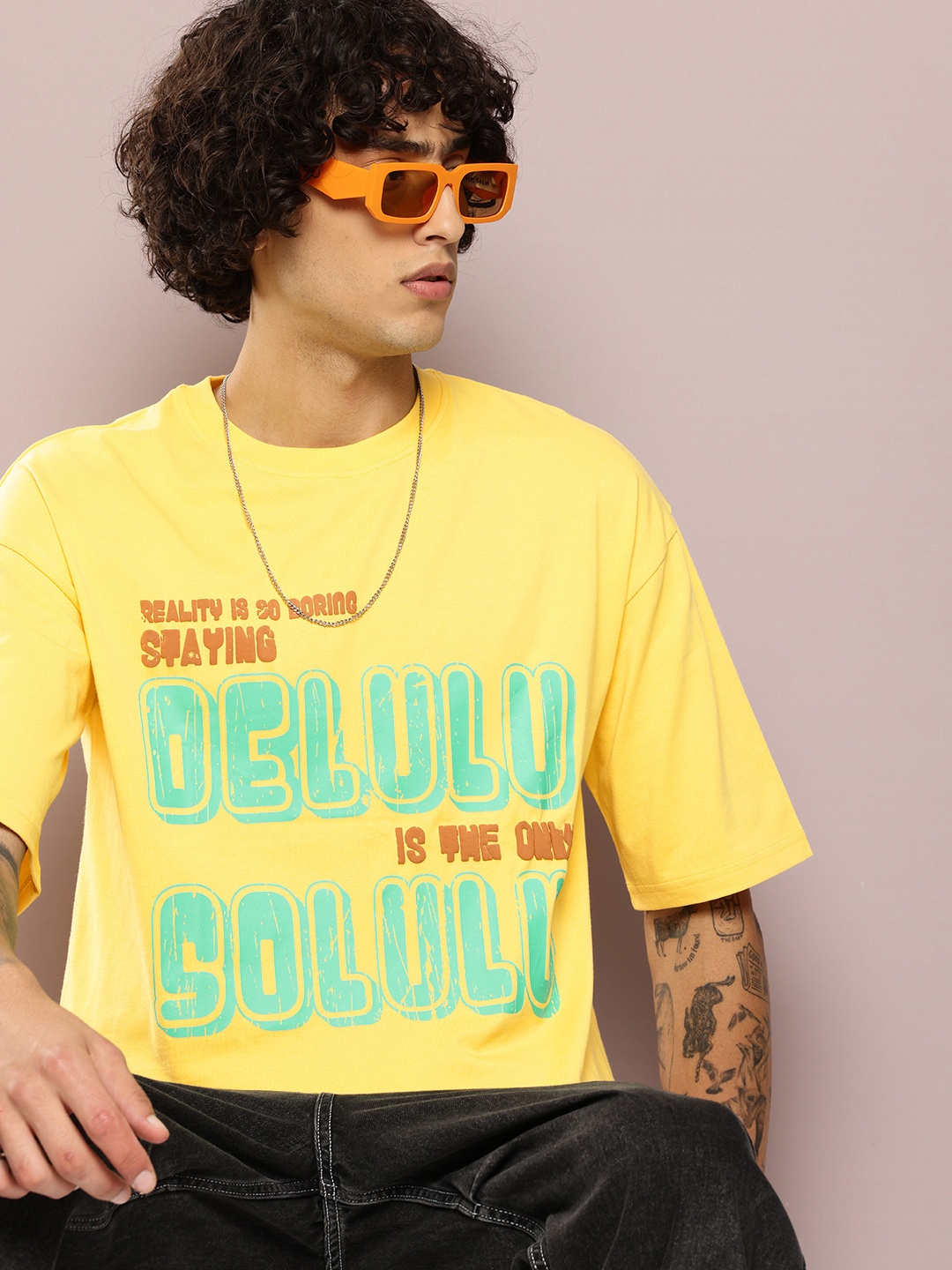 

Kook N Keech Men Typography Printed Embossed Drop-Shoulder Sleeves T-shirt, Yellow