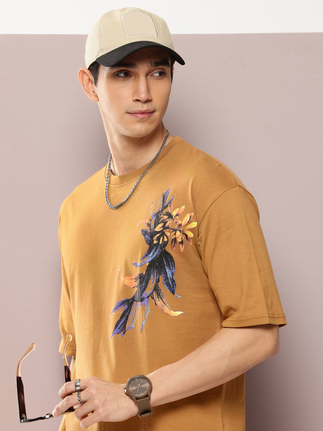 

Kook N Keech Oversized Fit Floral Printed Pure Cotton T-shirt, Brown