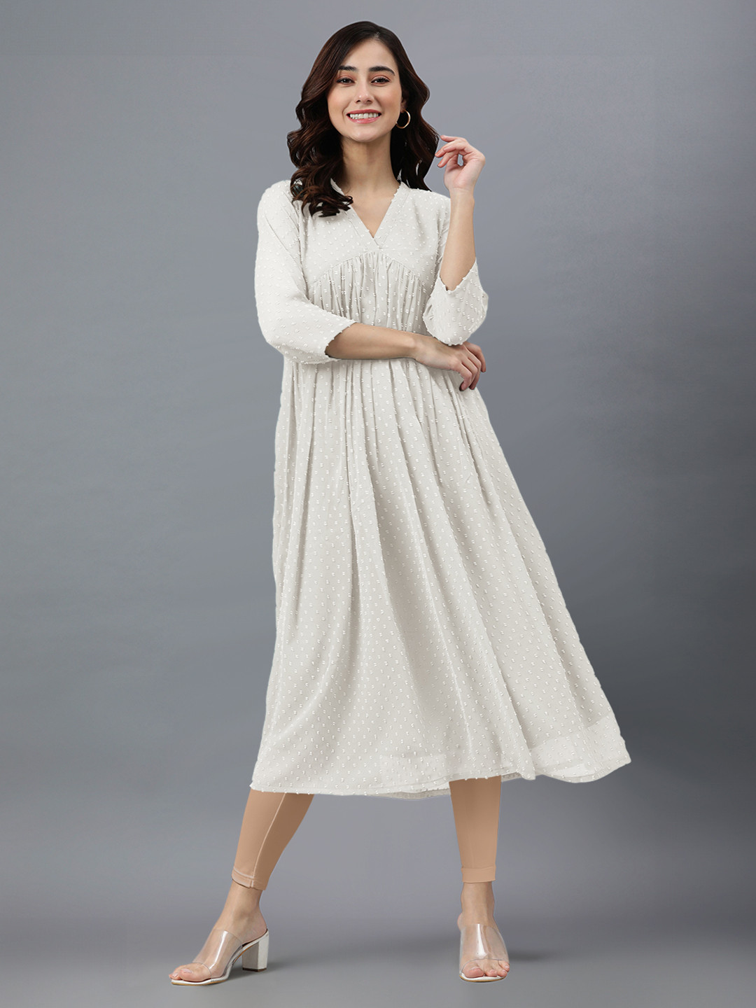 

Janasya Women Off White Dobby Chiffon Self Design Flared Kurta