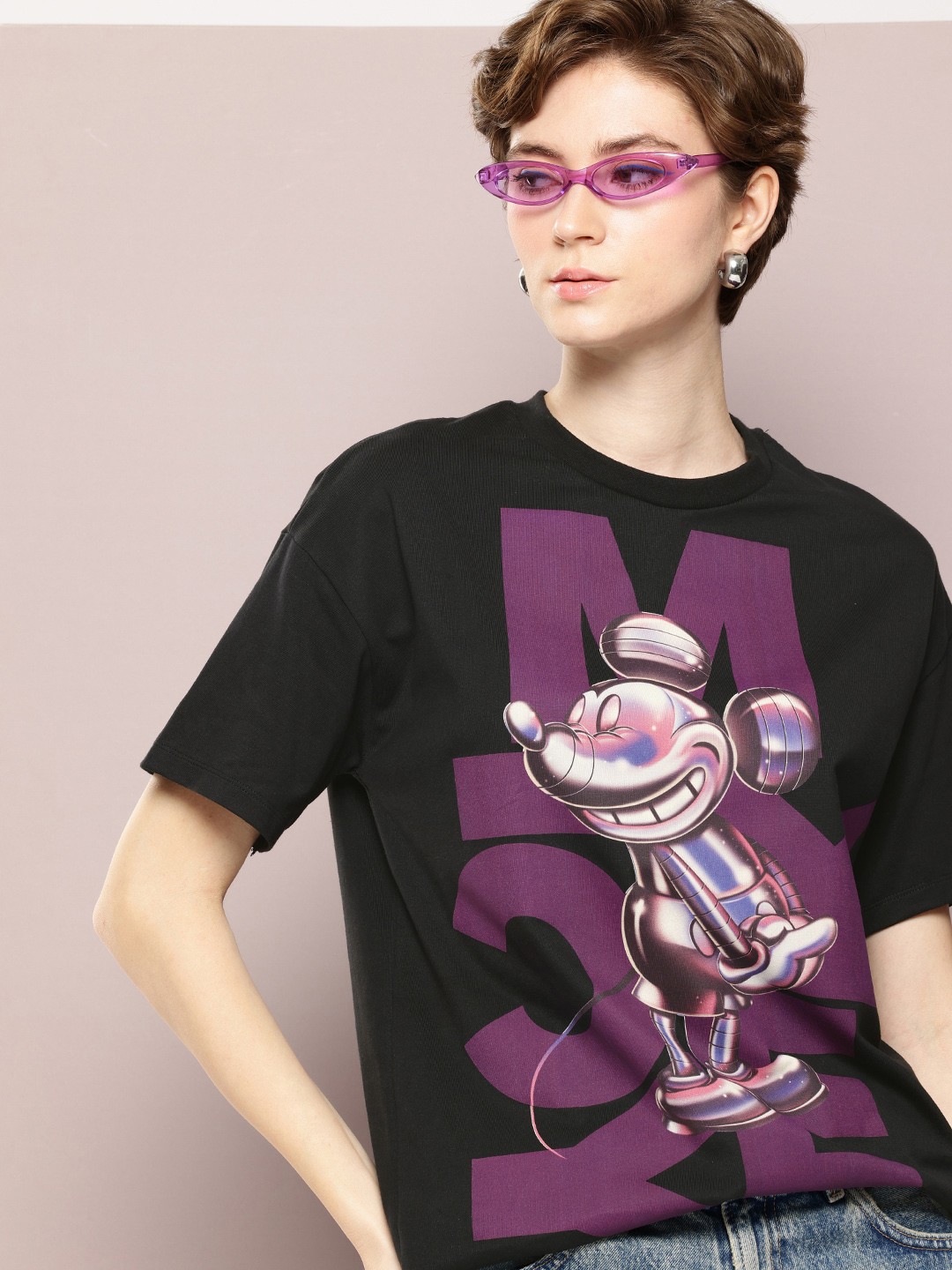 

Kook N Keech Disney Women Mickey Mouse Printed Drop-Shoulder Sleeves Oversized T-shirt, Black