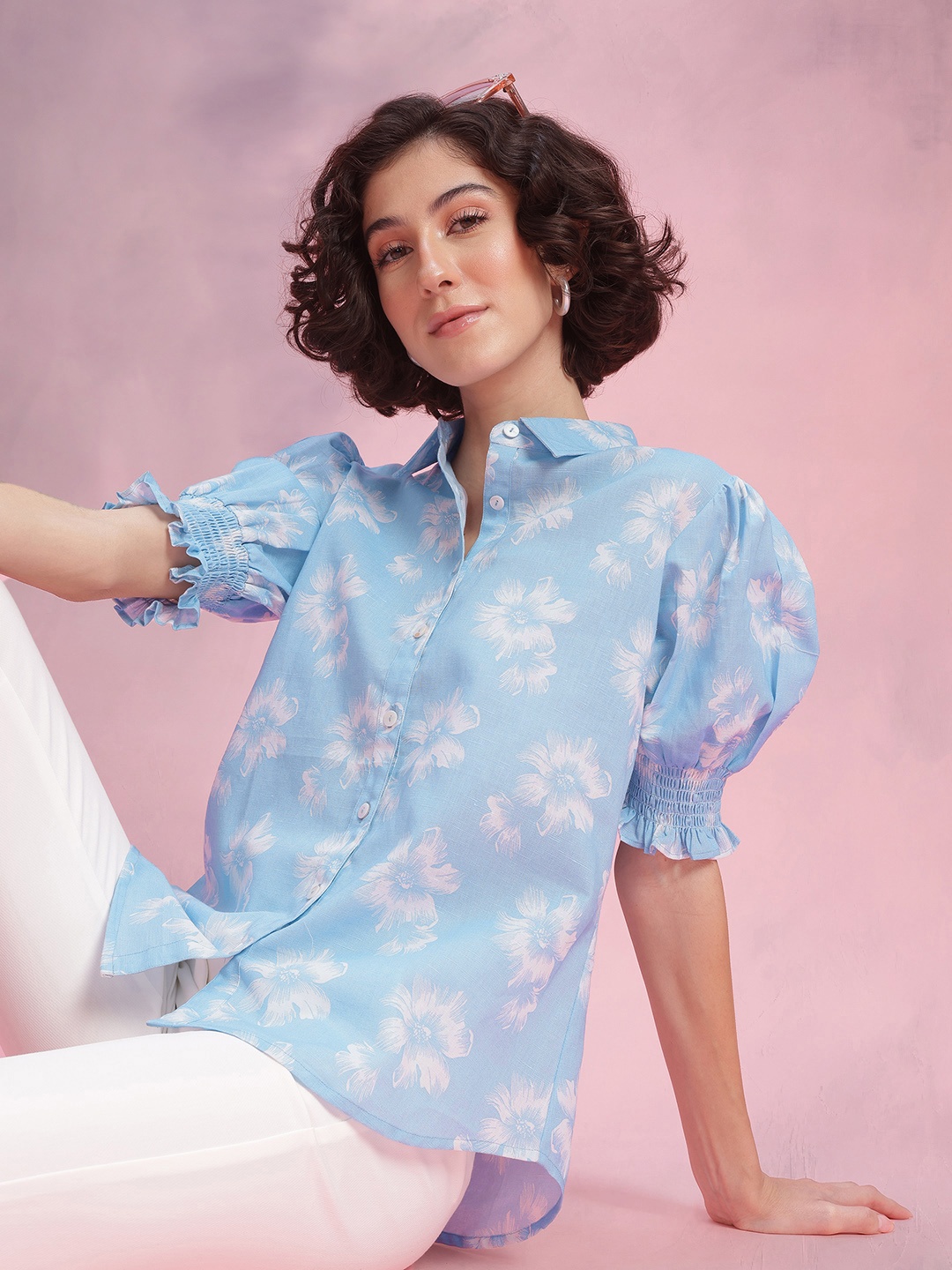 

DressBerry Standard Floral Printed Puff Sleeve Pure Cotton Casual Shirt, Blue