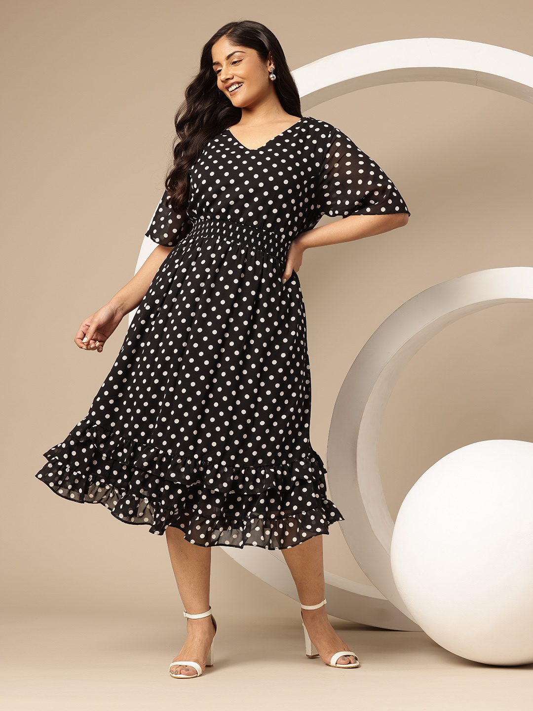 

Sztori Plus Size Polka Dot Print Georgette Fit & Flare Midi Dress, Black