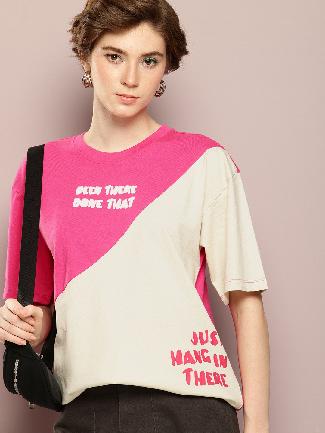 

Kook N Keech Colourblocked Pure Cotton Oversized Longline T-shirt, Pink