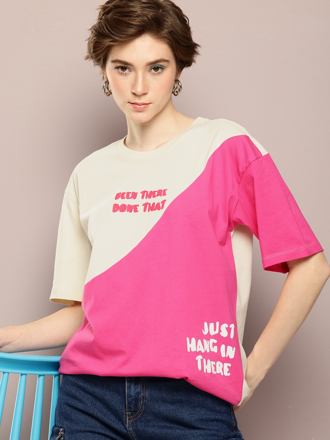 

Kook N Keech Colourblocked Pure Cotton Oversized Longline T-shirt, Beige