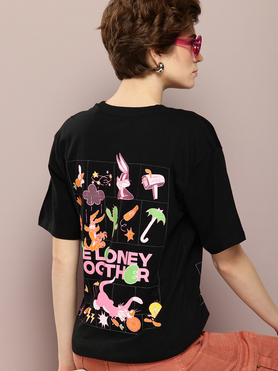

Kook N Keech Looney Tunes Printed Pure Cotton Oversized T-shirt, Black