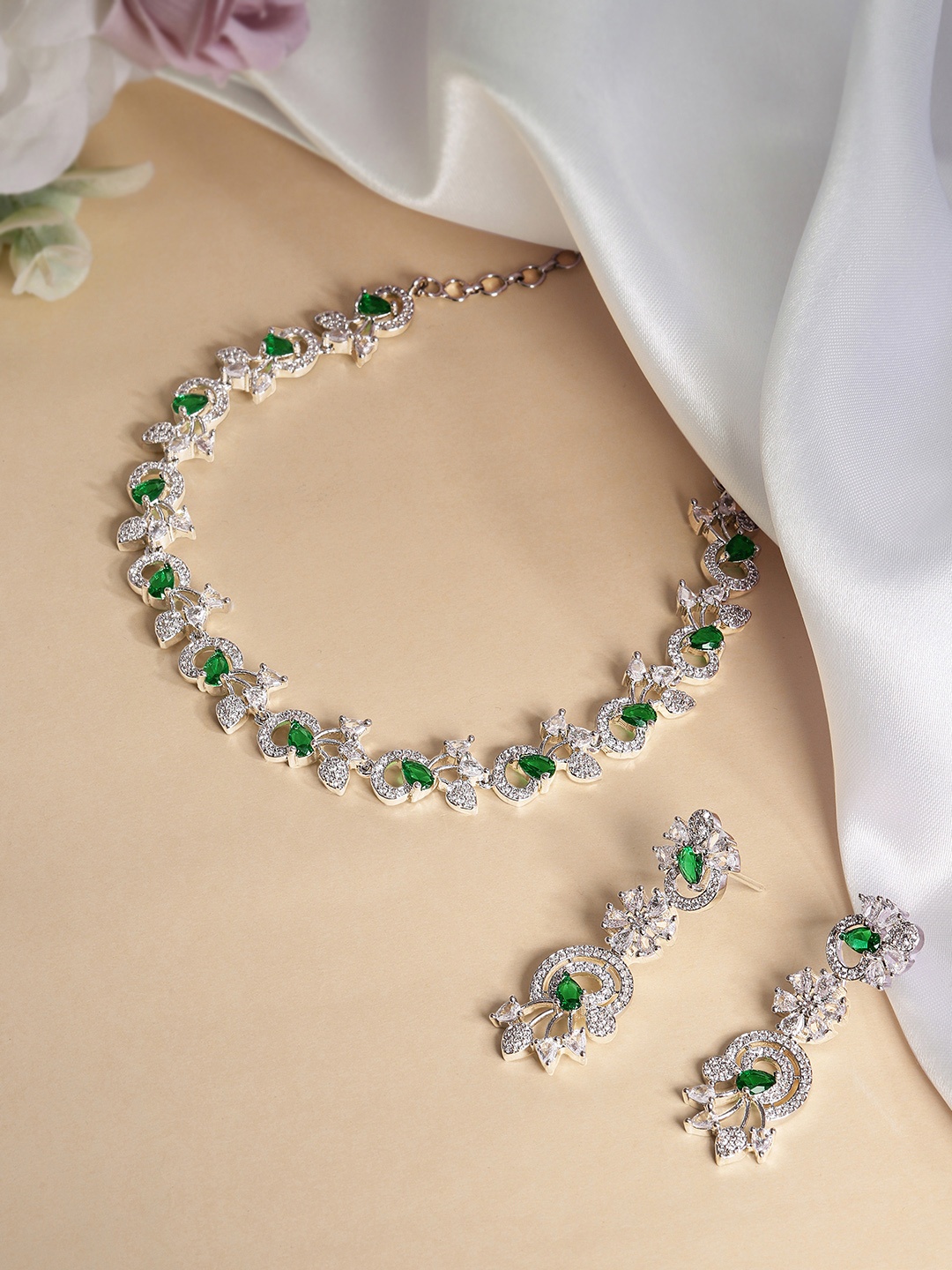 

VIVAZS Rhodium-Plated American Diamond Studded Jewellery Set, Silver